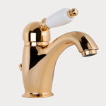 Gattoni Orta Смеситель для раковины с низким изливом, с белой ручкой, с донным клапаном, цвет золото 24кт 2746DO